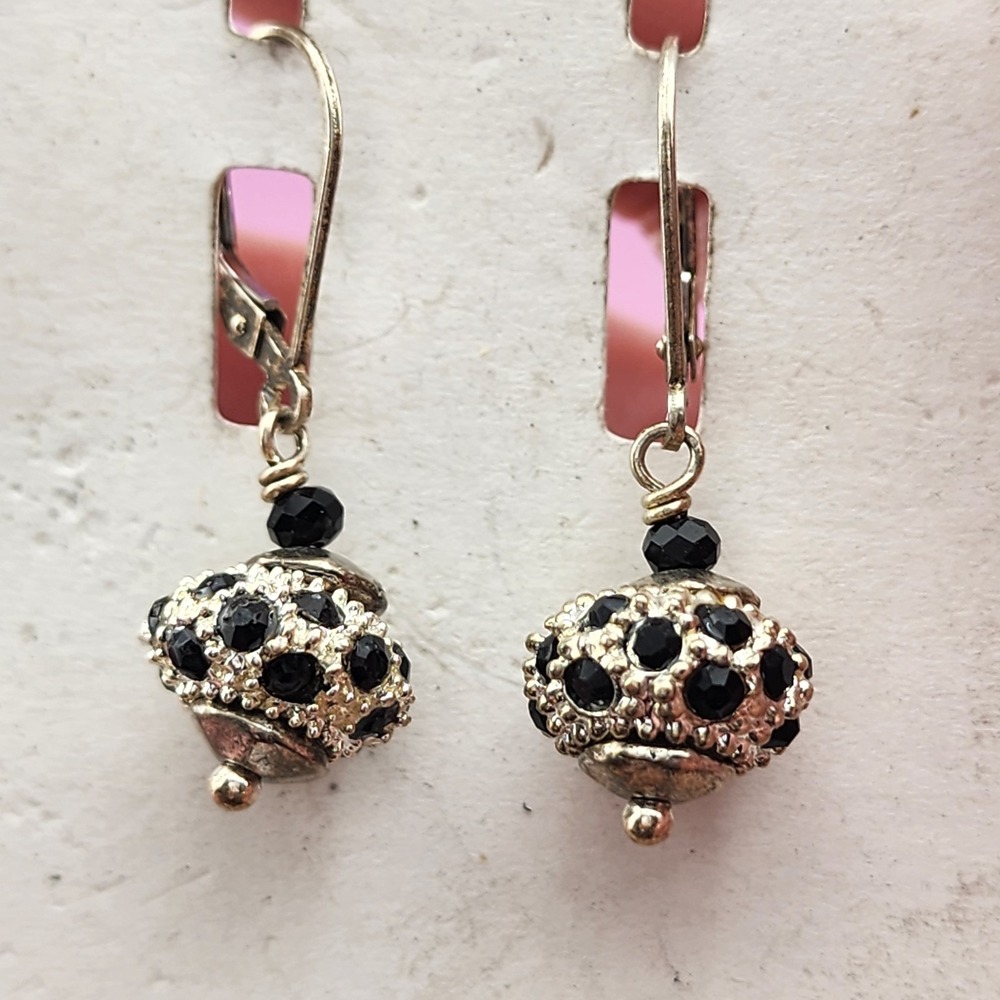 Aasia Sterling Silver Black Crystal Bead Leverback Drop Earrings Statement Glam